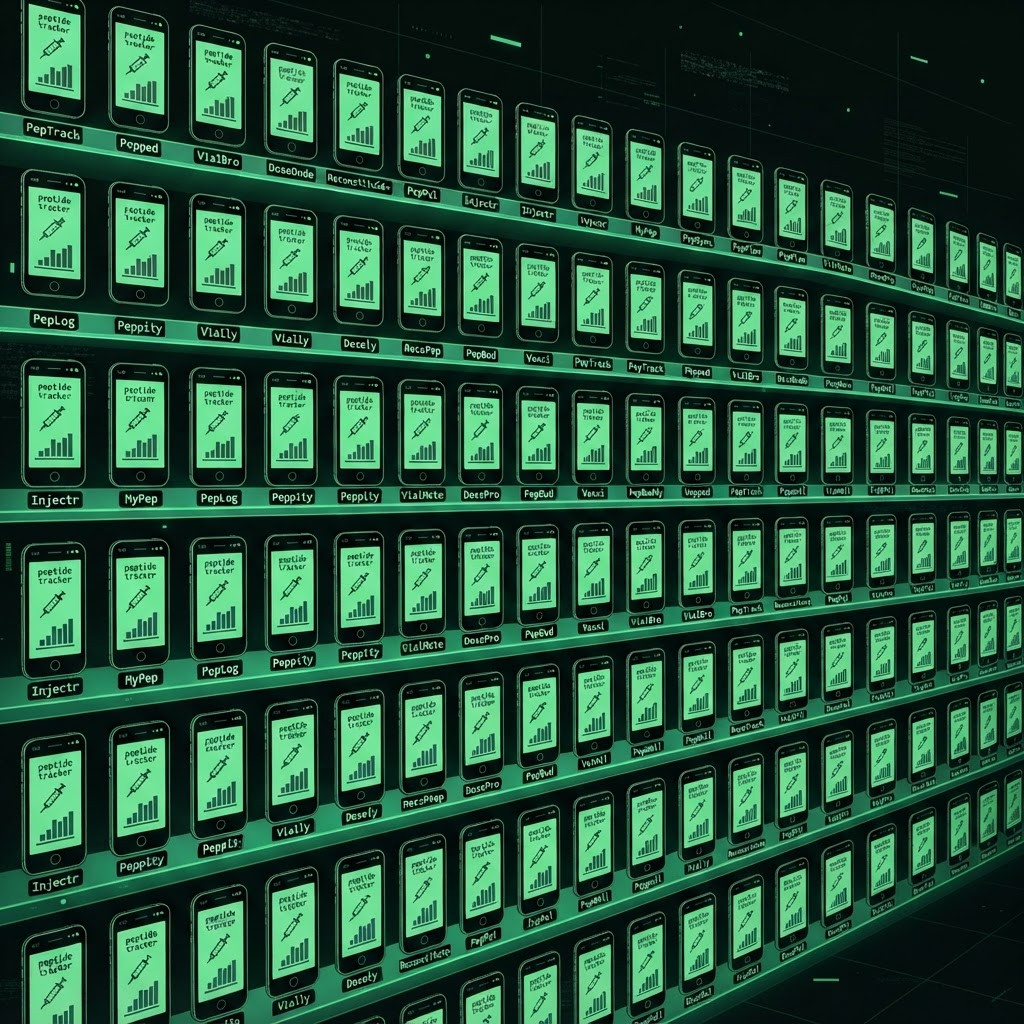 A wall of 212-plus nearly identical peptide tracker apps, each showing the same syringe icon and bar chart with a slightly different name